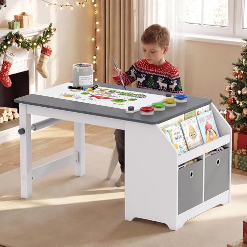 Image of Costzon Kids Art Table and Chairs, Wooden Activity Desk Set w /Paper Roll, 4 Paint Cups, Storage Shelves and 2 Fabric Bins for Drawing Playing, Craft Toddler Table Set for Playroom Nursery & Classroom