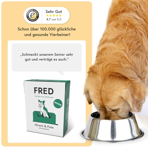 FRED Senior Nassfutter Hirsch & Pute – 28 % Hirsch & 12 % Putenherzen – speziell für ältere Hunde – mit Amaranth, Spirulina & Grünlippmuschel – 390 g Tetra Pak