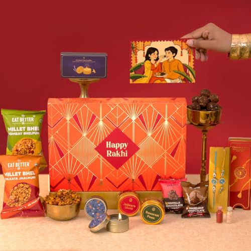 Image of Sneh 12-Item Rakhi Gift Hamper for Brother and Bhabhi - Bhaiya Bhabhi Rakhi Set, Evil Eye & Lumba Rakhi Combo, Roli-Chawal, Chocolate Dry-Fruit Laddoos, Millet Bhel, Candles, Mukhwas by Eat Better Co