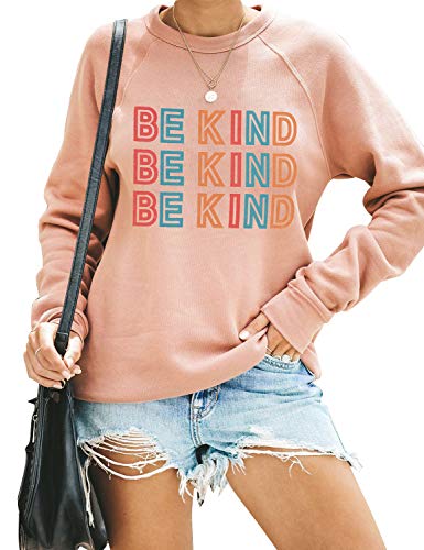 Blooming Jelly Women's Cute Crewneck Sweatshirt Be Kind Graphic Raglan Long Sleeve Pullover Top(Pink,S)