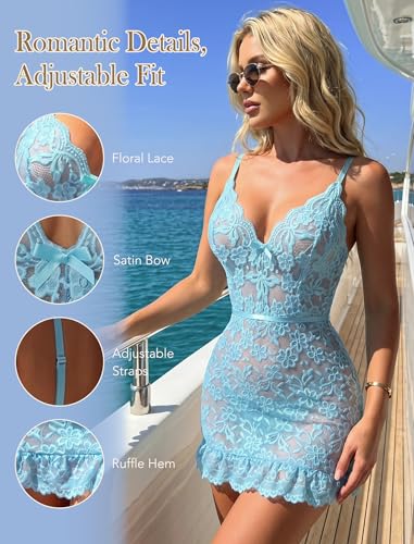 Image of Girece Sexy Lingerie for Women Babydoll Lingerie Dress Lace Chemise Nightgown with Adjustable Straps, Ruffle Hem G String