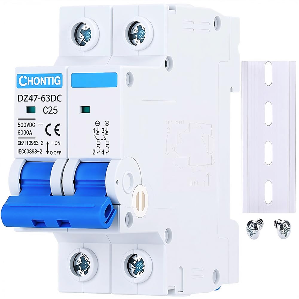 25 Amp Miniature DC Circuit Breaker 500V 2 Pole, Solar PV Disconnect Switch with Thermal Magnetic Trip, DIN Rail Mount Isolator C25