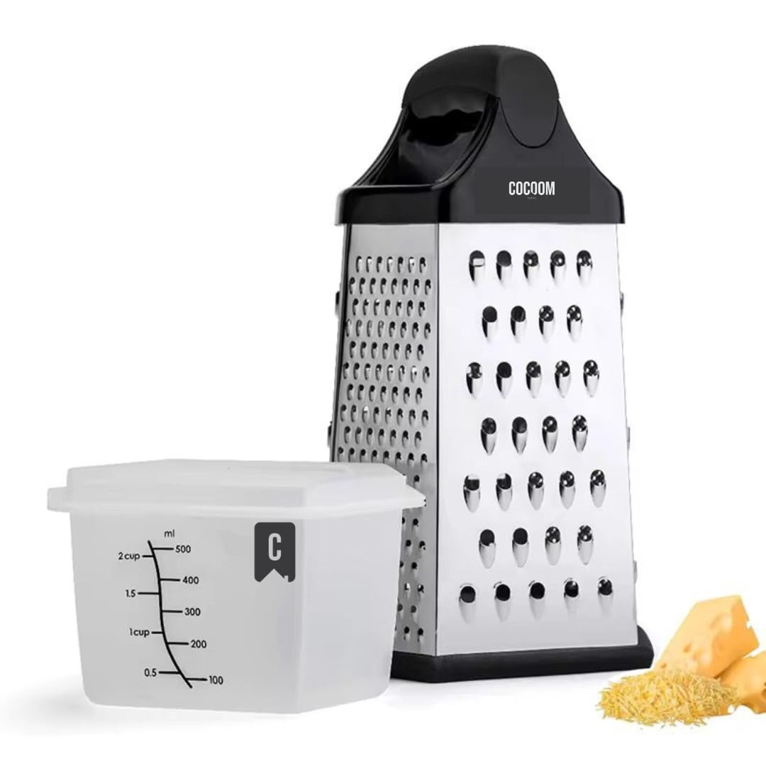 Rallador de 6 Caras con Contenedor – Acero Inoxidable Multifuncional para Queso, Verduras, Zanahoria y Papa – Utensilio de Cocina Antideslizante. Facil de limpiar.
