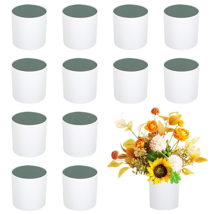 Kuabiz 12 Set Plastic Cylinder Planter Box 4 x 4 Inch Flower Boxes for Arrangements White Round Plastic Flower Box with Removable Foam Blocks Liner for Centerpiece Home Wedding Garden Decor (Classic)