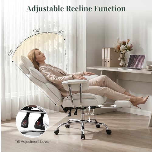 Image of Big and Tall Office Chair 400 LBS, Scratch-Resistant PU Leather Executive Ergonomic Desk Chair with Footrest, Lumbar Support, Wide Reclining Computer Seat for Home Office, Beige