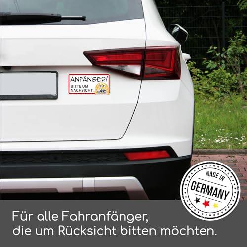 Auto-Magnet-Schild Anfänger! Bitte um Nachsicht. Sorry I 20 x 10 cm I Vorsicht Achtung Fahranfänger I mit Smile I wetterfest magnetisch I mit Smile I kfz664