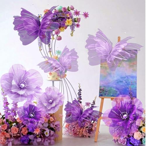 Image of Cinnvoice 8 Pcs Large Purple Butterfly Flower Decorations 20 Inch 12 Inch 3D Giant Silk Butterfly Big Flower Mariposas Grandes para Decoracion for Wedding Backdrop Birthday Party