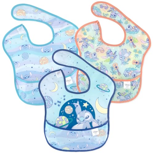 Image of Bumkins Disney Bibs for Girl or Boy, SuperBib Baby and Toddler for 6-24 Months, Essential Must Have for Eating, Feeding, Baby Led Weaning, Mess Saving Waterproof Soft Fabric, 3-pk Stitch