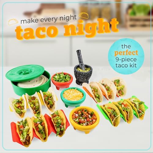 Taco Tuesday Complete Taco Serving Set with Tortilla Warmer, Salsa Bowls, Shell Holders, and Mortar and Pestle - 9-Piece Set - Red, Yellow, and Green