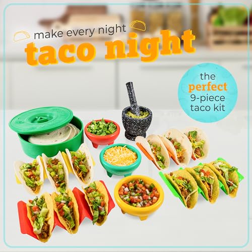 Taco Tuesday Complete Taco Serving Set with Tortilla Warmer, Salsa Bowls, Shell Holders, and Mortar and Pestle - 9-Piece Set - Red, Yellow, and Green