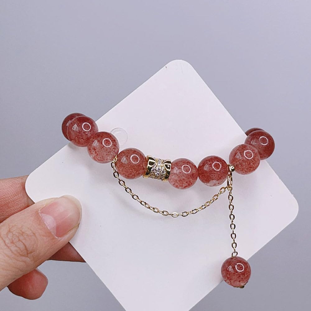 Bracciale Perle,Braccialetti Di Perline Perline Di Cristallo Fragola Naturale Braccialetti Con Ciondolo A Cilindro In Zircone Dorato Con Bracciale In Cristallo Elastico Gioielli In Cristallo Reiki P