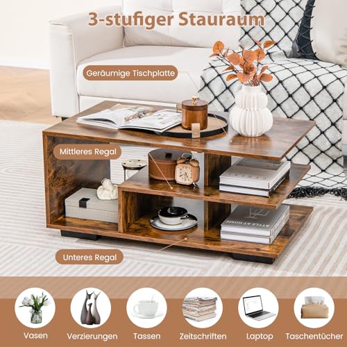 COSTWAY Couchtisch mit Stauraum, rechteckiger Wohnzimmertisch Retro mit L-förmiger Mittelablage, 3-stufiger geometrischer Kaffeetisch für Wohnzimmer, Empfangsraum, 90 x 50 x 42 cm (Rustikales Braun) – Bild 7