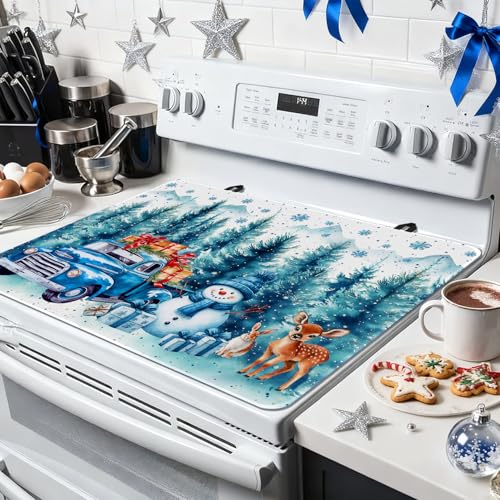 Image of Snowman Stove Top Cover for Electric Stove, Christmas Range Covers, Blue Truck Range Top Mats, Glass Cooktop Covers 28x20 inch, Winter Forest Cooktop Cover for Kitchen Winter Holiday Home Decor