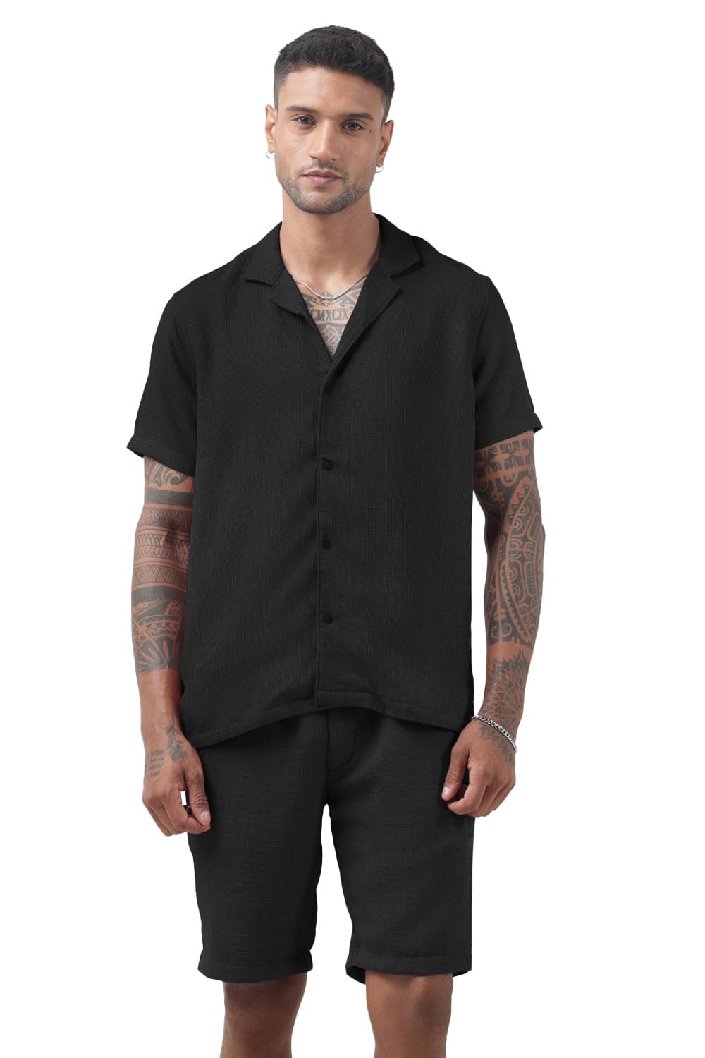 Men's Textured Black Cuban Collar Shirt & Shorts Co-ord Set-RONG-4757_Black-image-26