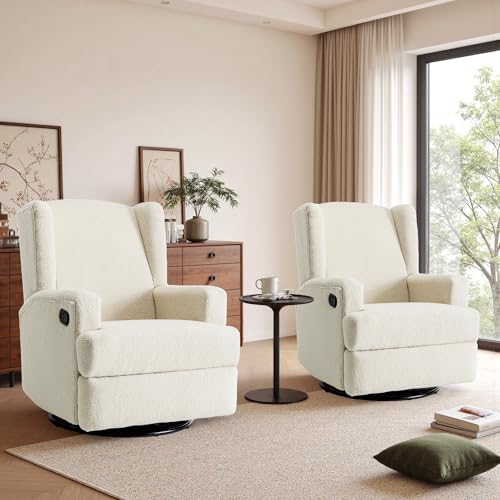 Image of Swivel Rocker Recliner Chairs Set of 2, 360 Swivel Wingback Recliner Chairs for Adults, Upholstered Boucle Fabric Glider Rocking Chair with High Back, Deep Seat for Living Romm Bedroom, Cream