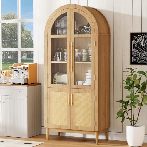 Image of 71 inch Tall Arched Pantry Cabinet with Glass Doors, 5-Tier Modern Kitchen Storage Cabinet, 3 Adjustable Shelves Wooden Pantry Storage Cabinet for Kitchen, Dining Room, Living Room, Oak