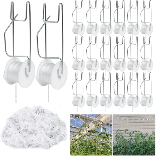 Hidbot Tomato Support Hooks with String 20 Pcs 100 Pcs Plant Support Clips for Climbing Plants Tomato Trellis Roller Hooks with 49.2FT String Reusable Grape Vine Clips to Prevent Tomatoes