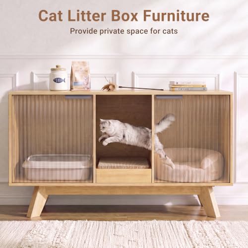 Image of Seang Double Cat Litter Box Enclosure for 2 Cats,Fluted Hidden Litter Box Furniture with Litter Collector & Scratch Pad,47 inch Large Enclosed Cat Cabinet,Cat House,TV Stand,for Living Room,Natural