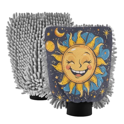 ALAZA Sun Moon Star Cartoon Funny Car Wash Mitt Scratch Free, 2 Pack Absorbent Microfiber/Chenille Washing & Drying Mitts, M
