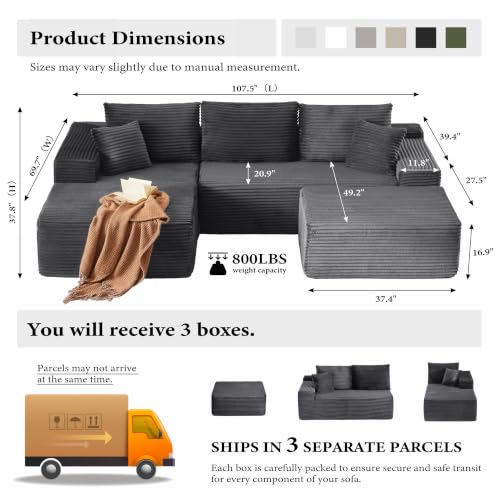 Image of 96 inch Sectional Couches for Living Room Cloud Couch Sofa with L-Shape Upholstered Boneless Couchs Modern Modular Sectional Couch with Chaise (Dark Grey, 108.1 inch U Shape with Left Facing Chaise)