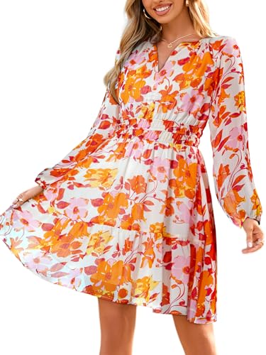 Image of Simplee Womens Spring Floral Mini Dress Long Sleeve Boho Chiffon Short Dress Casual Flowy Fall Wedding Guest Dresses