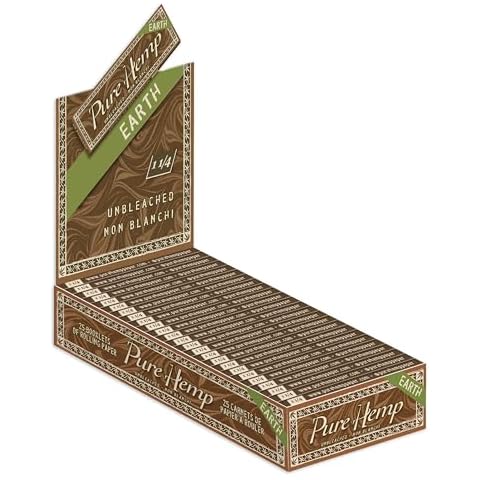 Pure Hemp Earth Unbleached Rolling Paper - Medium / 1/4" / 78mm Size Cigarette Paper - Full Display Box of 25 Booklets (50 Leaves Per Book!) Cover