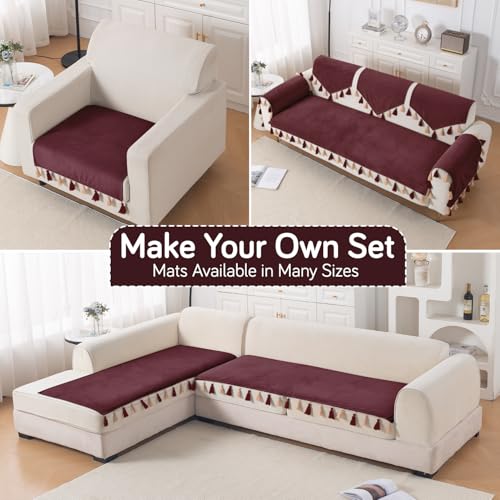Image of HOKIPO Sofa Cover Mat with Tassel for 1 /2 /3 Seater & L Shape Sofa | DIY Sofa Cover Set | Dyed Holland Velvet | 'TasselTone Series' 70(W) x 180(L) cm |Wine Red (IN-1109-MRN)