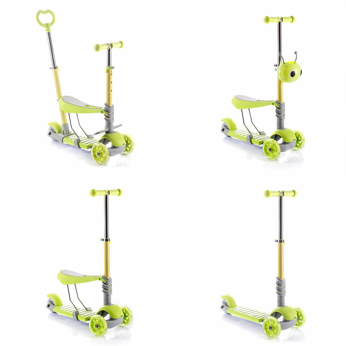 InnovaGoods® Patinete Scuvol Multiposición para Niños y Niñas 3 Años, Ajustable Con Asiento y Respaldo, 3 Ruedas LED (120mm), Cesta, Reposapiés, Mango y Freno