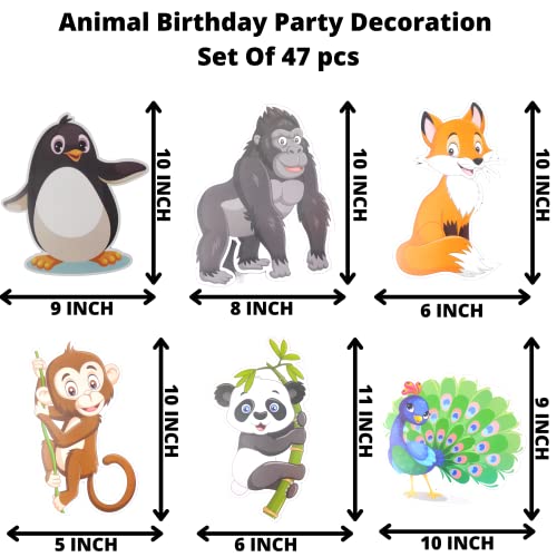 Image of Party Decorz Animal /Jungle /Safari Theme Birthday Decoration Set Of 47 pcs(1pcs Happy Birthday Banner +12pcs Paper Cutout +2pcs Props +1pcs Cake Topper +1pcs Curtain +30pcs Balloons)