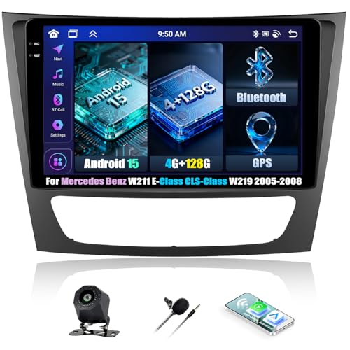 OiLiehu 4G+128G Android Autoradio para Mercedes Benz W211 Clase E Clase CLS W219 2005 2008 Carplay Android Auto Pantalla Radio Coche 9 Pulgadas Bluetooth FM RDS GPS WiFi SWC EQ Camara Marcha Atras