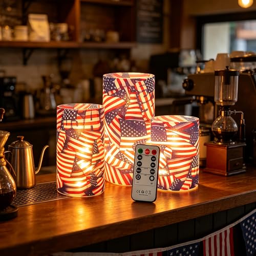 Image of Independence Day Patriot Flickering Flameless Candles US Flag, Embedded Star String Lights, Battery Operated Acrylic LED Pillar Candles with 11-Key Remote and Timer for Home Decoration, 3 Pack