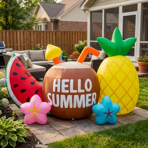 7FT Long Hello Summer Inflatable Outdoor Decoration Colorful Fruit Blow Up Display with Built-in LED Lights for Hawaiian Beach Party Yard Lawn Garden Decor