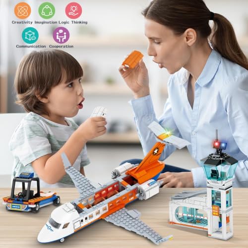 Image of City Airport Passenger Airplane Building Blocks Set, 715+ PCS 3-in-1 Airport Construction Kit with Radar Tower, Baggage Truck & Shuttle Bus | 1 Year Manufacturing Warranty