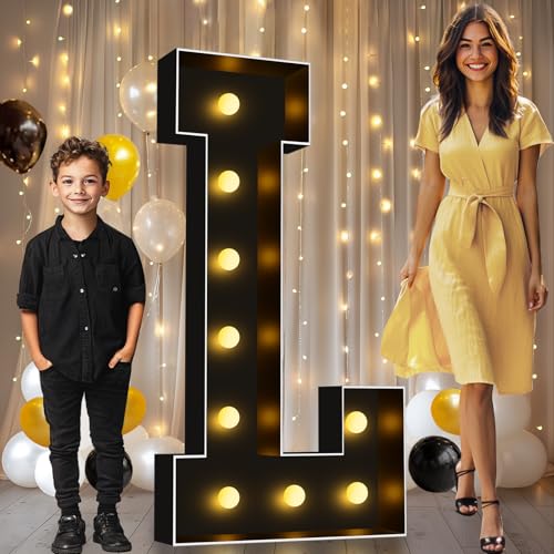 Image of Pooqla 4FT Marquee Light Up Letters, Black Large Letter L Party Decorations | LED Marquee Letters 4 Feet Tall, Black Giant Mosaic Letters Gift for Boys Men Birthday Anniversary Wedding Decoration
