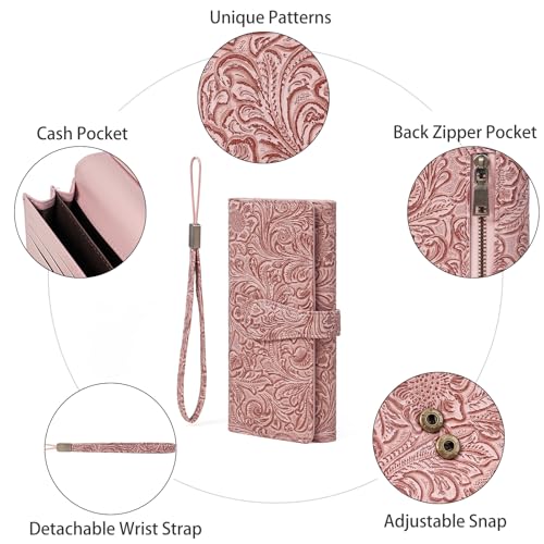 Image of Wristlet Wallet for Women Leather Clutch Purse Trifold Card Holder RFID Blocking Large Capacity Pink