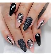 Black Rose Press on Nails Medium Almond Fake Nails Valentines False Nails with Black Glitter Rhin...