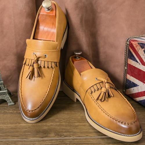 Men's Classic Tassel Loafers Black Leather Slip-On Dress Shoes with Kiltie Fringe Driving Flats Tan Sole Anti-Slip Moc Toe Design3