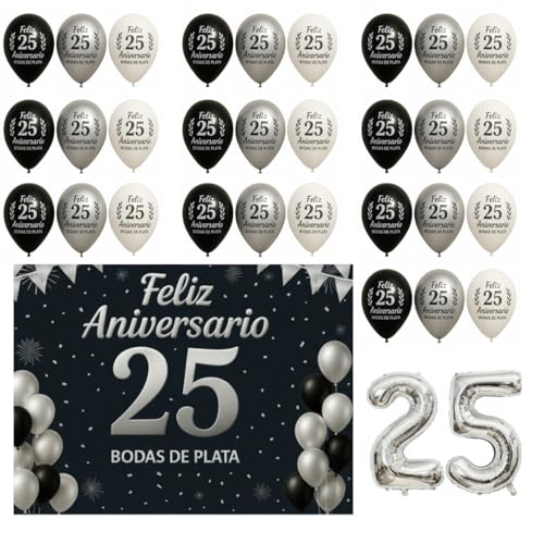 Decoração 25º Aniversário Bodas de Prata Bandeira 110x80cm Festa de Casamento 25 Anos Photocall Fundo Prateado Elegante 30 Balões + Balão Hélio Número 25 Homenagem Amor Casal Celebração Espanhola