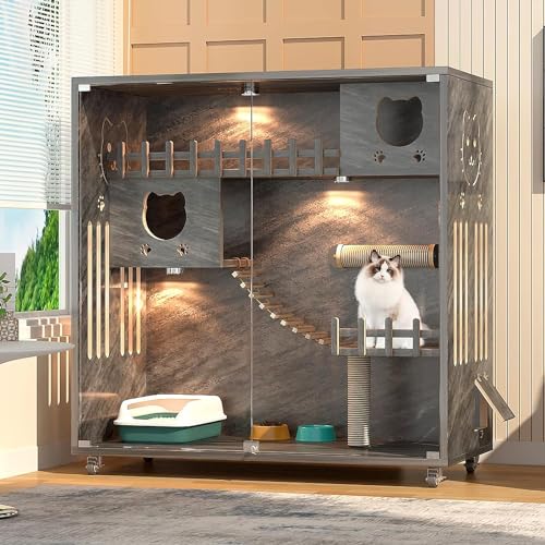 HUATOL Large Wooden Cat House for Outdoor and Indoor Cats, Multi-Feature Cat Condo with Cat Scratching Posts and Wheels, Enclosed Condo for Indoor Cats Ventilation Doors, 50