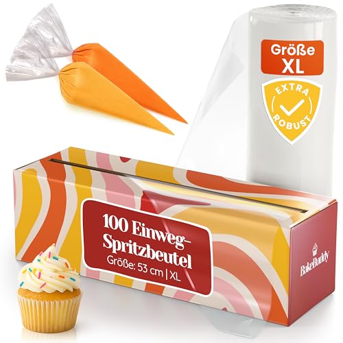 BakeBuddy Premium Einweg-Spritzbeutel (100 Stück, XL/53 cm) – Extra robuste Spritztüten aus recycelten LDPE Material zum Dekorieren von Torten & Gebäck und Backen von Plätzchen reißfest