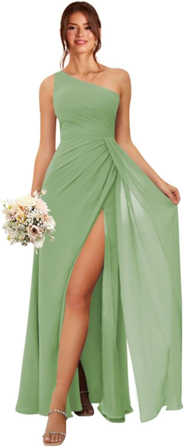 One Shoulder Bridesmaid Dresses for Women Long Ruched Chiffon A Line Formal Evening Dress with Slit KY001