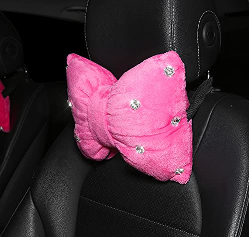 seemehappy Car Headrest Pillow for Driving,Shining Bowknot Car Pillow Cute,Car Seat Neck Cushion, Set of 2 (Pink)