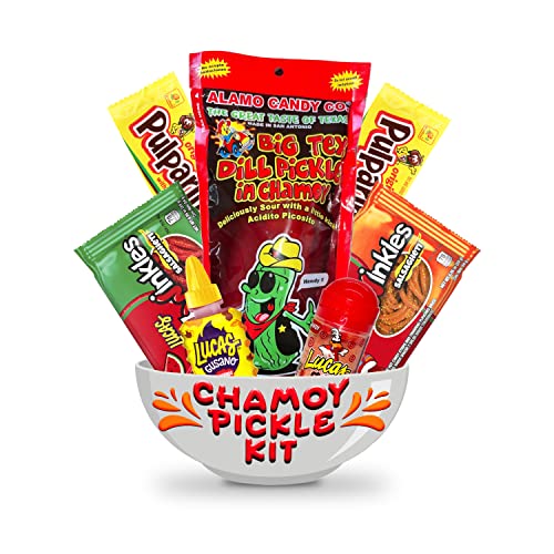 Image of Chamoy Pickle Kit, Mexican candy mix ready to make the famous tiktok trend items, Includes original Alamo Dill Pickle, Baby Lucas, Lucas Gusano, Skwinkles Salsaghetti & Pulparindo
