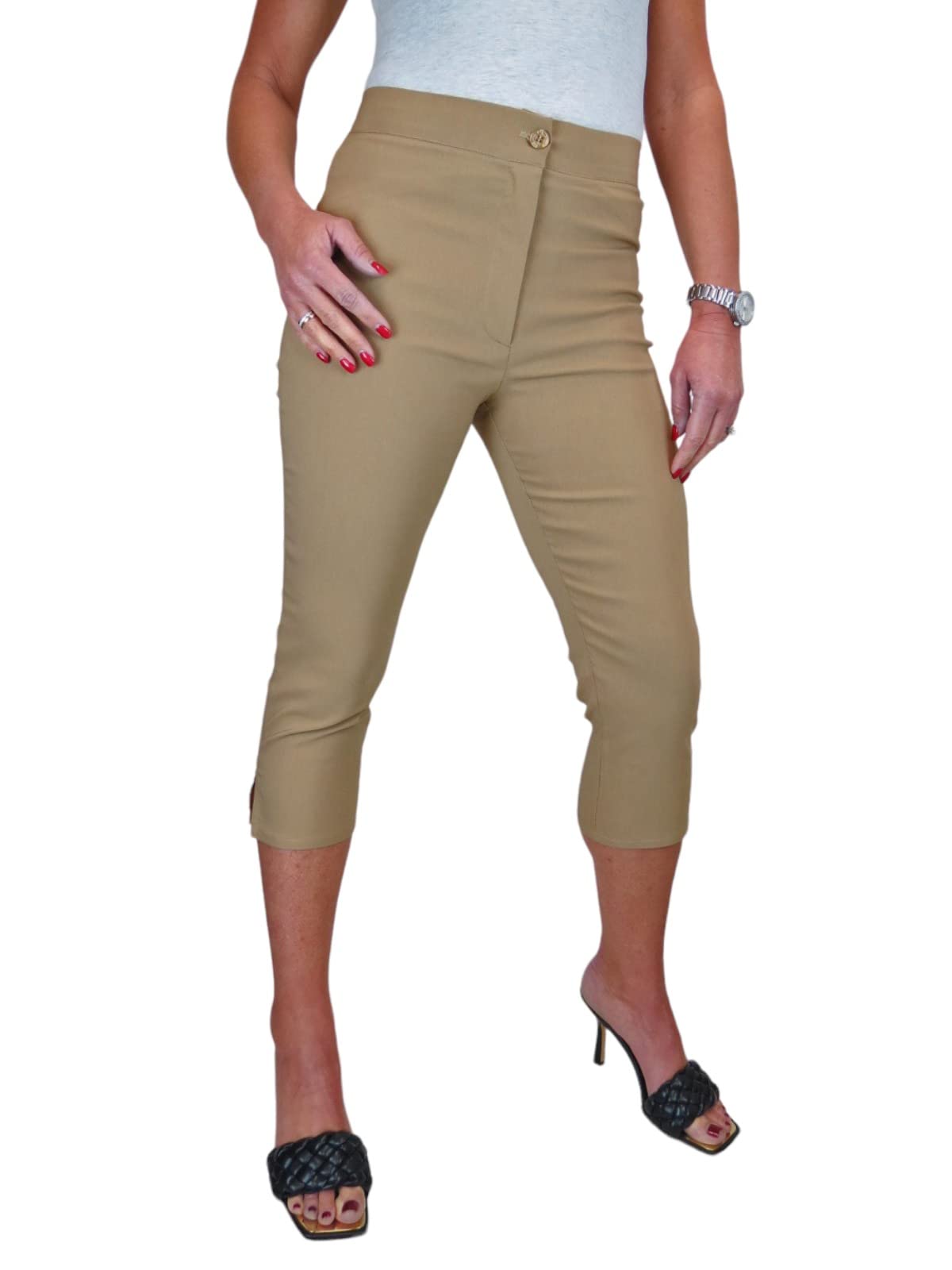 Paulo Due Slim Cropped Stretch Trousers Beige Ladies 21" Inseam