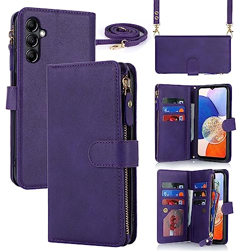 iCoverCase for Samsung Galaxy A14 5G Wallet Case with Card Holder for Women Crossbody Lanyard Strap Kickstand PU Leather Case with Zipper Pocket Credit Card Slots Cover (Purple)