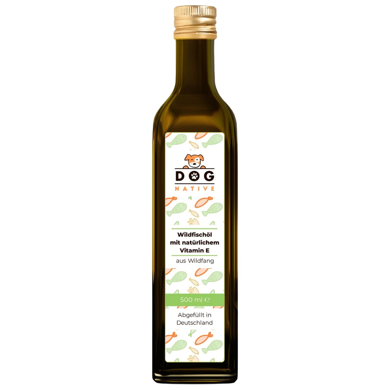 Dog-Native Wildfischöl für Hunde, Omega-3 Öl für Fell & Haut, Fischöl aus Wildfang, Barföl mit Vitamin E, Lachsöl Alternative in dunkler Glasflasche, 500ml