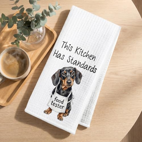 Image of 2 Pcs Funny Dachshund Kitchen Towels 24x14 Inch, Dachshund Gifts Reusable Dish Towels for Kitchen Bathroom Decor, Waffle Weave Absorbent Tea Towel, Cute Weiner Dog Gifts for Women Mom Friend