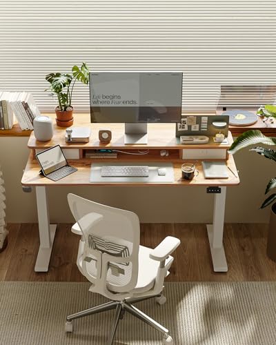 Image of FEZIBO 55 x 24 Inch Height Adjustable Electric Standing Desk with Double Drawer, Stand up Desk, Home Office Computer Workstation with 4 Height-Adjustable Feets & 2 Hooks, Light Rustic