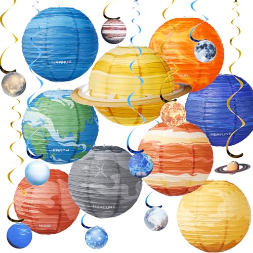 VIHOSE 39 Pcs Space Lanterns Set 9 Pcs Planet Paper Lanterns and 30 Space Hanging Swirl 12 Inch Solar System Outer Space Party Decorations for Room Astronaut Theme Galaxy Earth Birthday Home