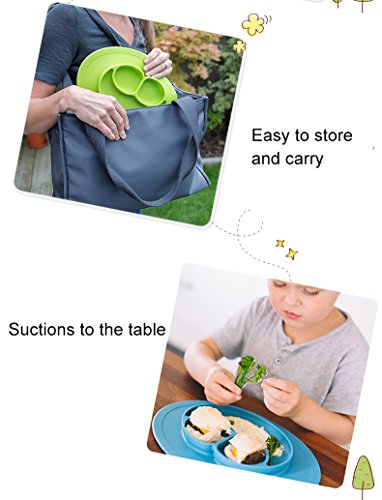 Baby Silicone Suction Placemat + Plates - Food Feeding Divided Mat for Kids and Toddlers Fits Most Highchair Trays - Easily Wipe Clean - Dishwasher and Microwave Safe (Blue+Green)